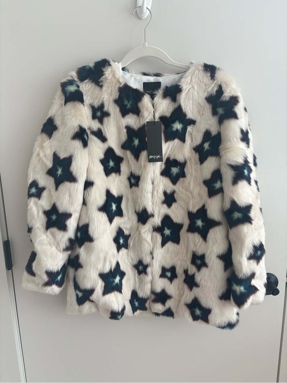 NWT Nasty Gal Faux Fur Star Jacket White Fun Eccentric Color Novelty M